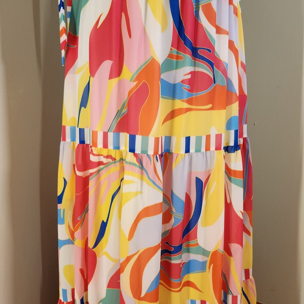 FLYING TOMATO Print and Stripes Tiered Maxi Dress with Tie Straps, Size Medium - Picture 10 of 15